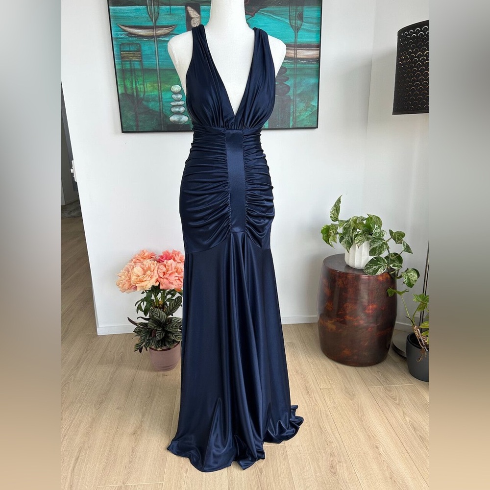 Xscape Silky Navy Blue Maxi Formal Dress Evening Gown size 4
